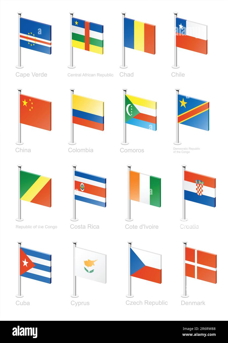 Cape Verde, Central African Republic, Chad, Chile, China, Columbia, Democratic republic of the Congo, Republic of the Congo, Costa Rica, Cote d`Ivo... Stock Vector